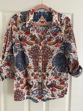 J. McLaughlin White Blouse with Blue and Peacock Red Floral Print